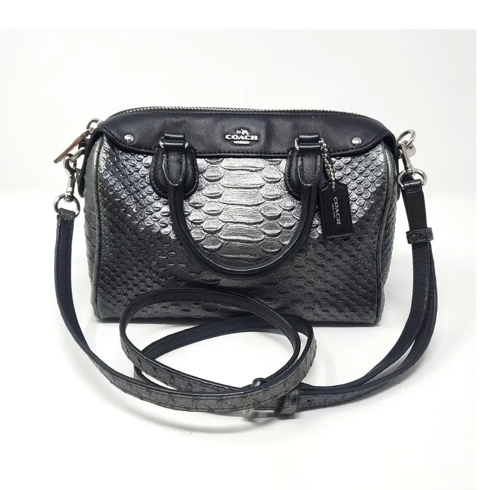 Coach Baby Bennett Satchel Handbag Metallic Gunmetal Black Snake Embossed F36657